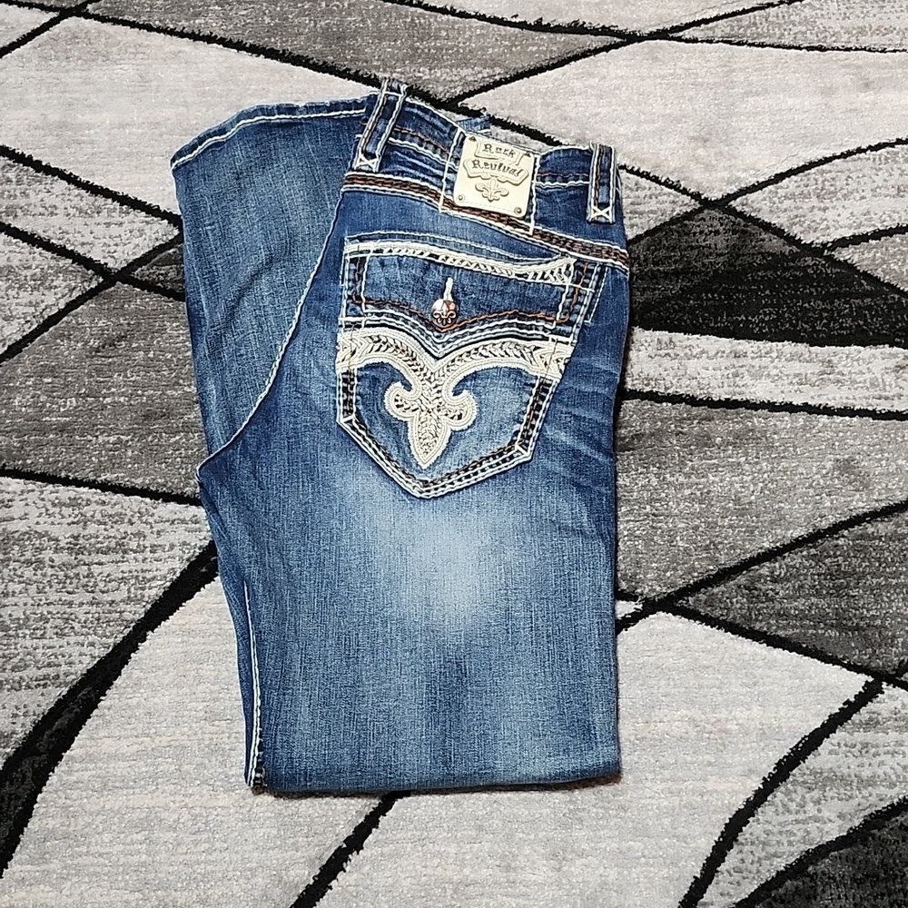 Rock Revival Ander Faux-Flap Leather Trim Straight Leg Embroidered Denim